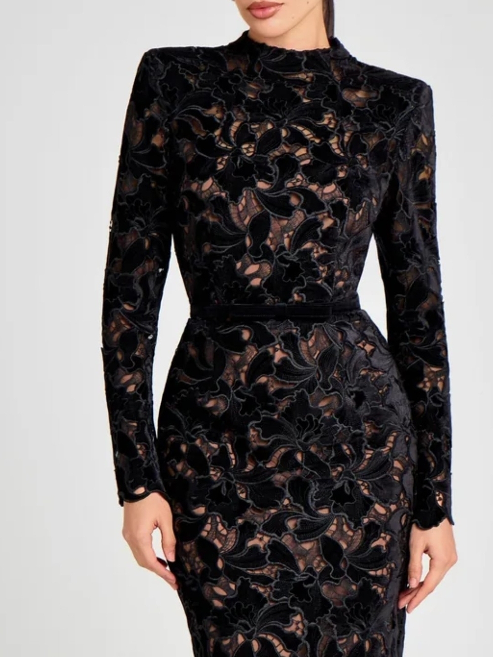 Ready To Turn Heads? NADINE MERABI Black Velvet Floral Lace Long-Sleeve Dress